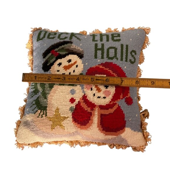 Christmas Snowman Deck The Halls Needlepoint Pillow With Tassels - Picture 5 of 6